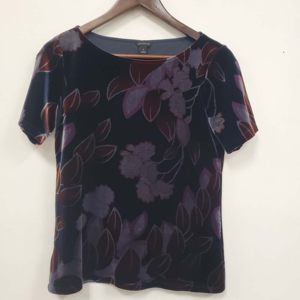 Ann Taylor Womens Short Sleeve Velvet Asian Floral Top Size XS Blue Romantic